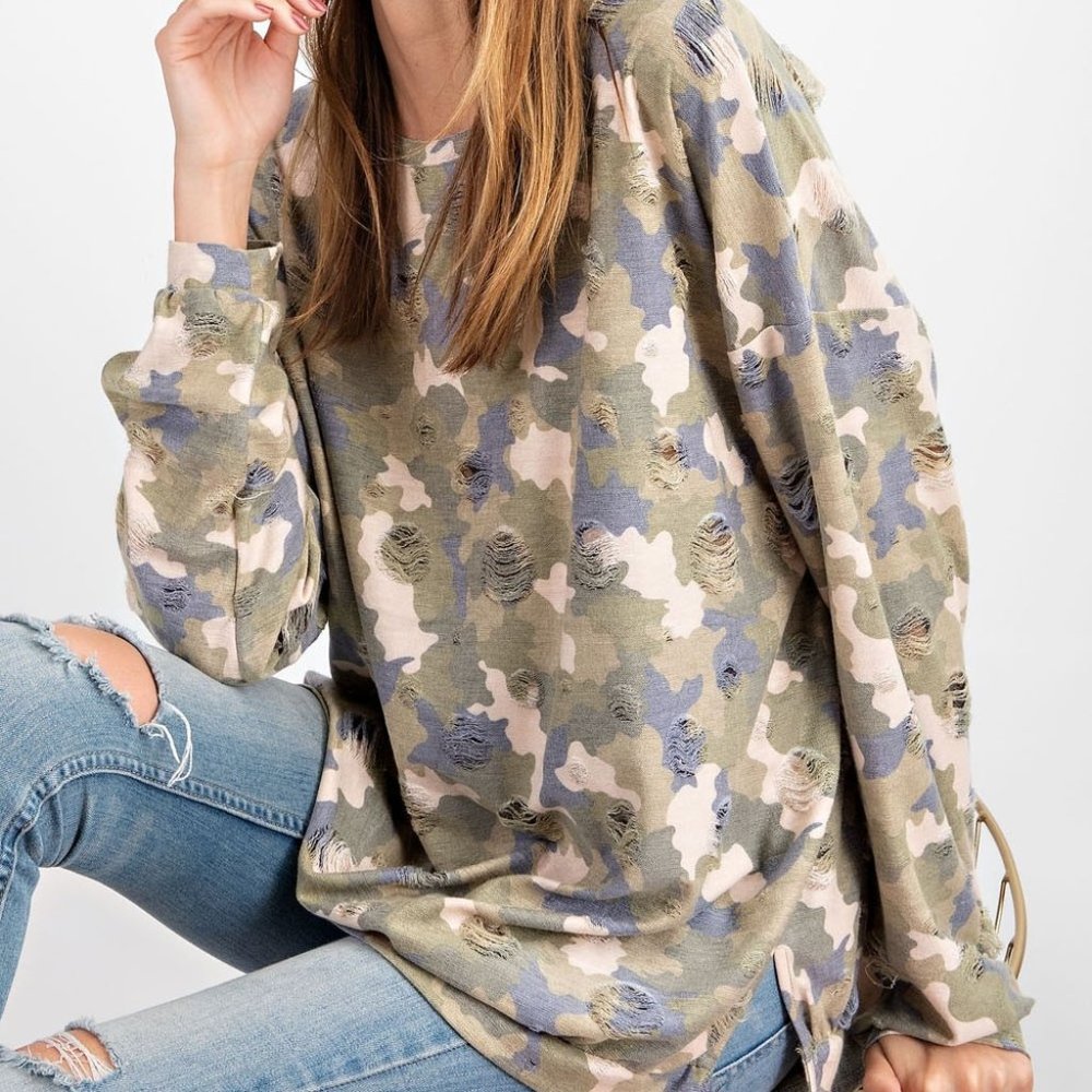 Last One! Distressed camo inspired top